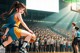 A girl in a blue and yellow uniform playing basketball in front of a crowd.